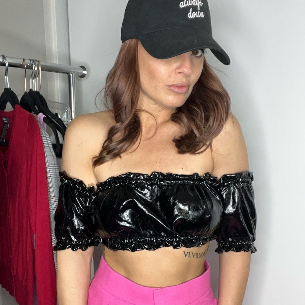 Mistress Rocks Vinyl Puffy Sleeved Crop Top Black Size XS